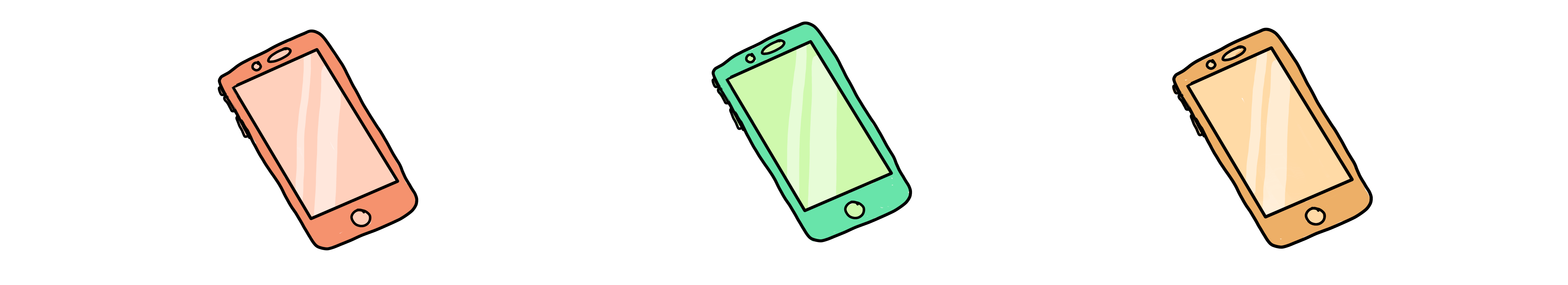 three different colored cartoon phones in a row