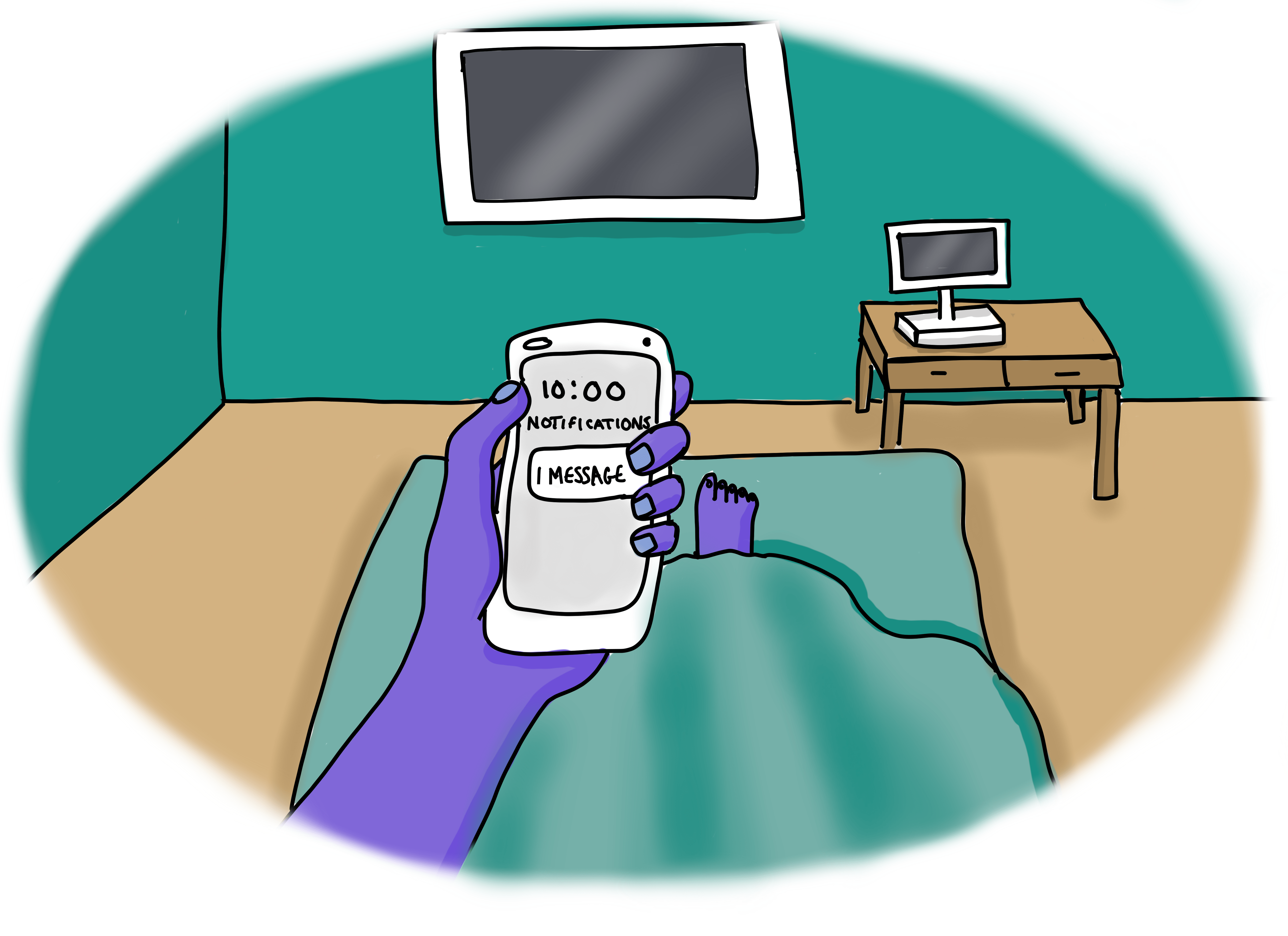 a cartoon image of you waking up in your bed and checking your phone which has a new message